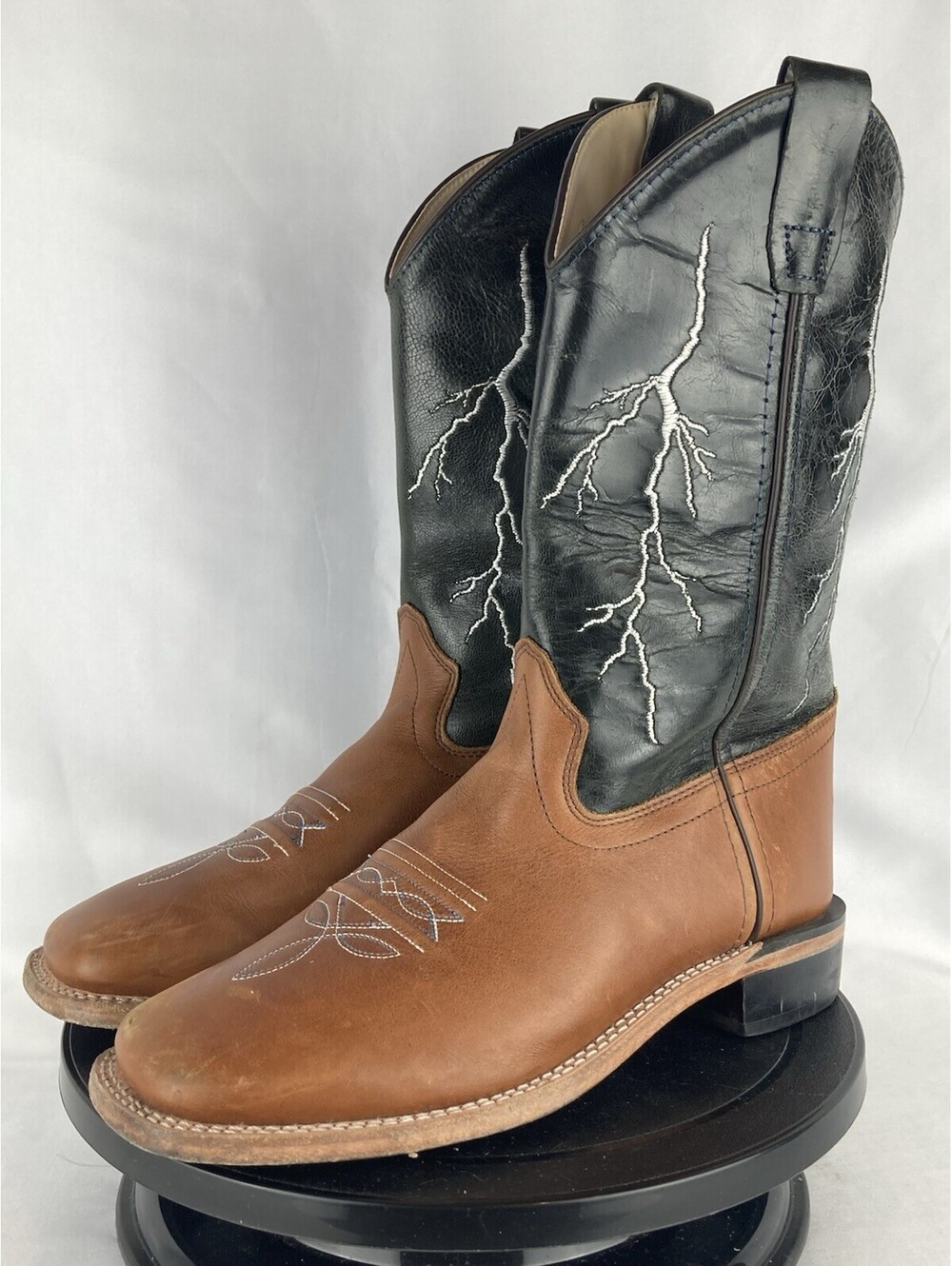 Men’s Size 6 D Leather Two Tone Cowboy Boots Black Brown Lightning Bolt Stitch